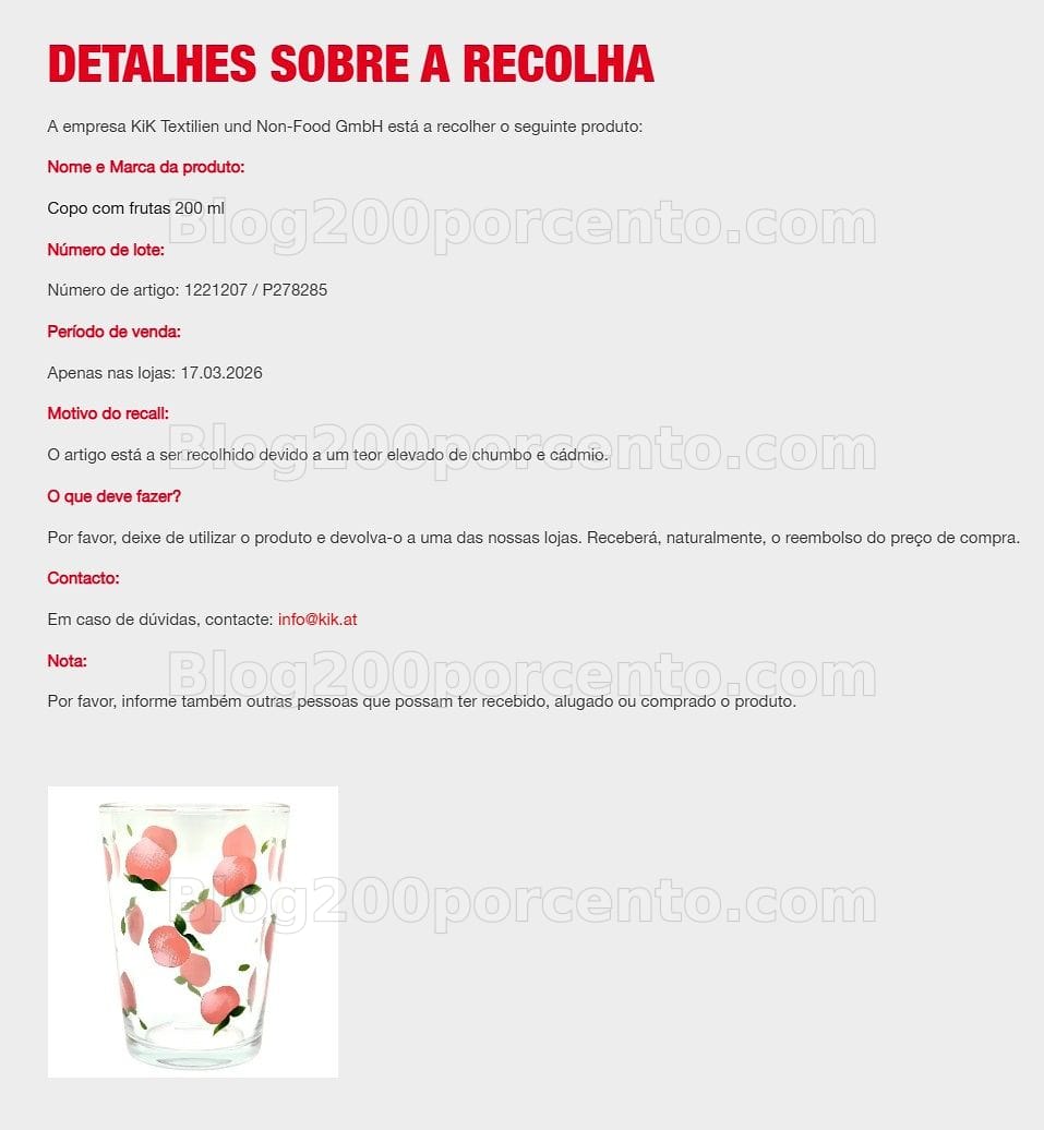 ALERTA - Recolhas em Curso KIK pare de usar e devolva estes artigos!